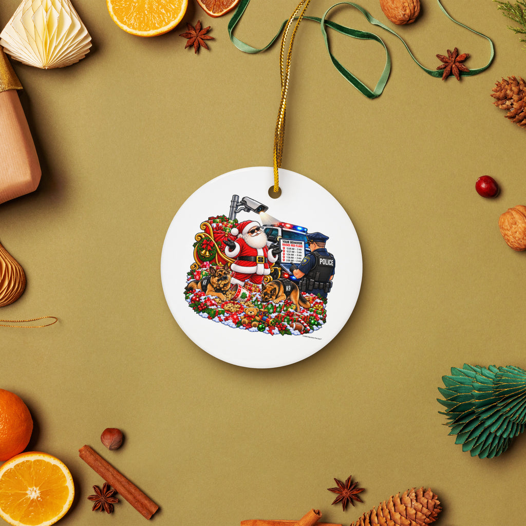 Santa's Suspicious Stops — Flock the Cops Christmas Ornament — front lifestyle (circle ornament)