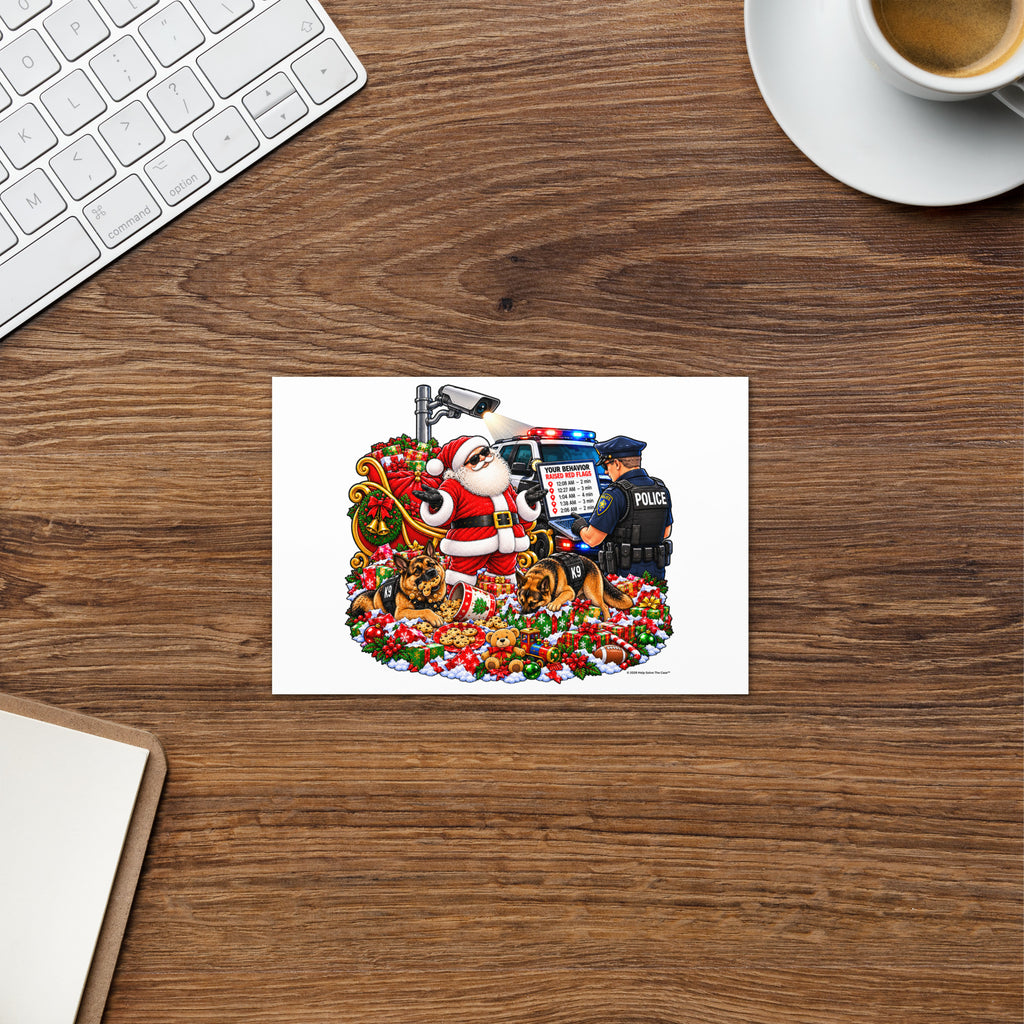 Santa's Suspicious Stops — Christmas Greeting Card — front lifestyle (card on desk)
