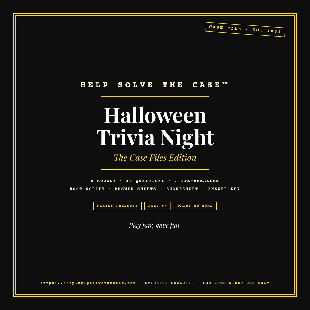 Halloween Trivia Night black cover with large white brand line