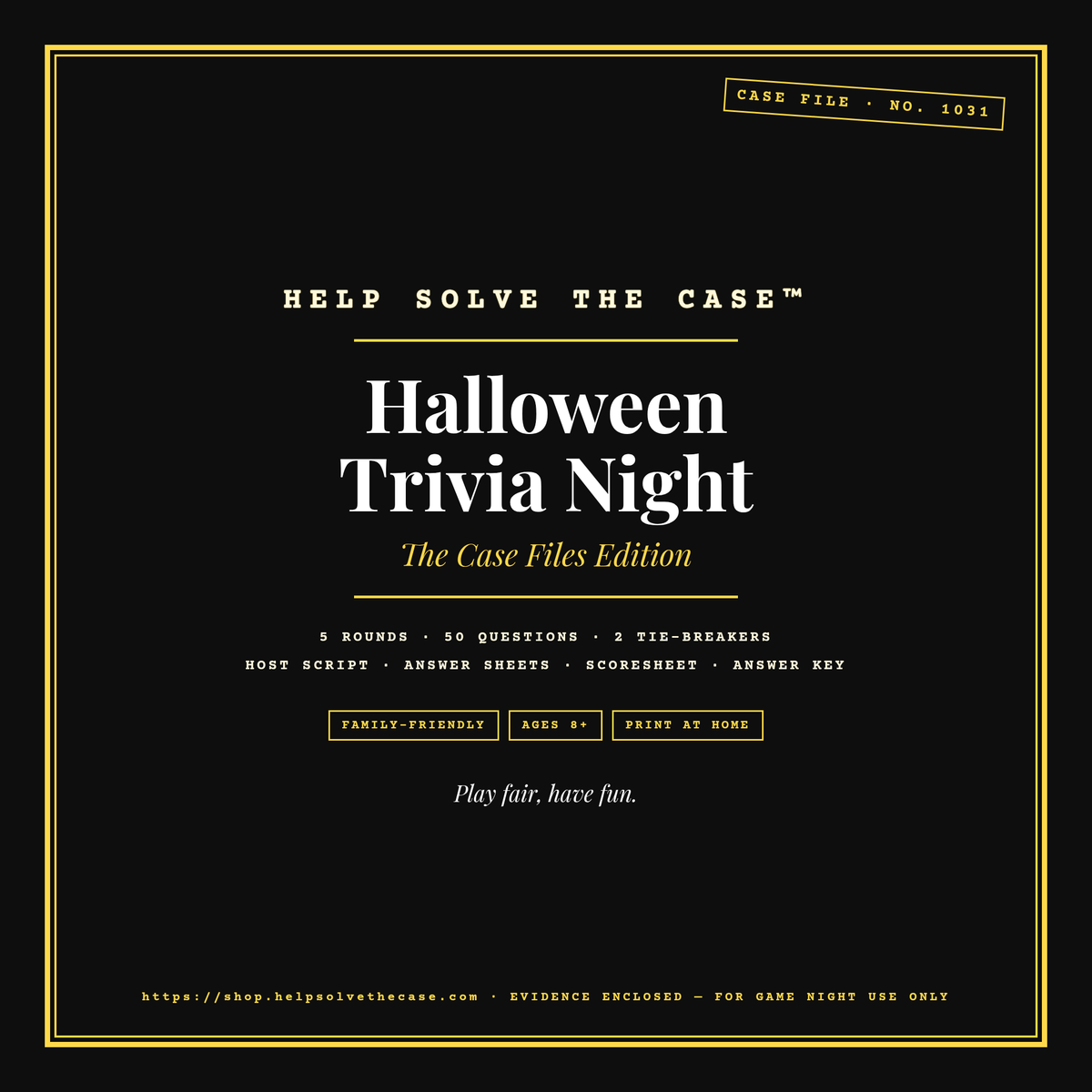 Halloween Trivia Night black cover with large white brand line