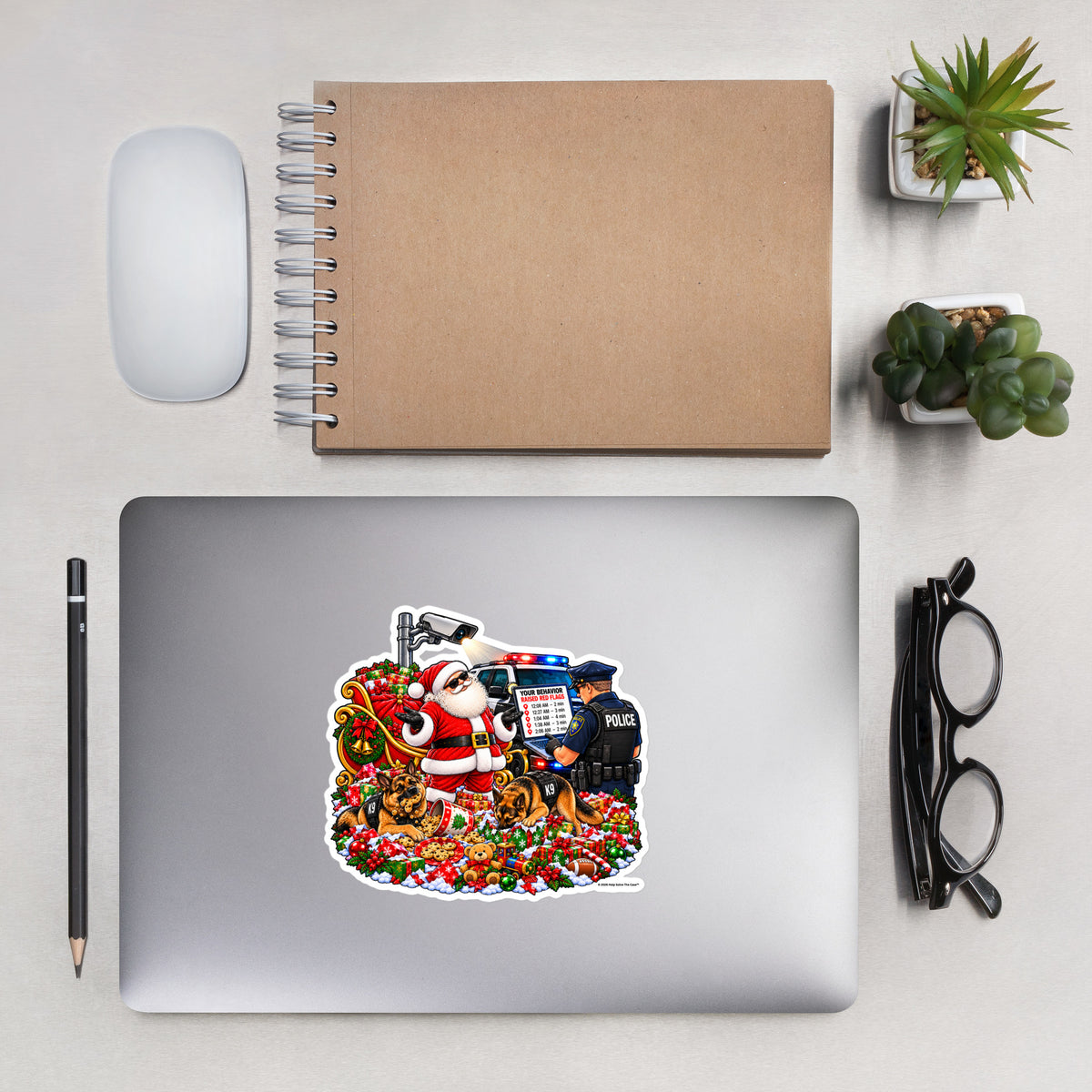 Santa's Suspicious Stops — Christmas Surveillance Sticker — front lifestyle (sticker on laptop)