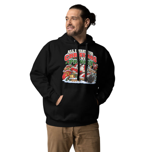 All I Want For Christmas Is Privacy — Christmas Hoodie — front lifestyle (black, model)
