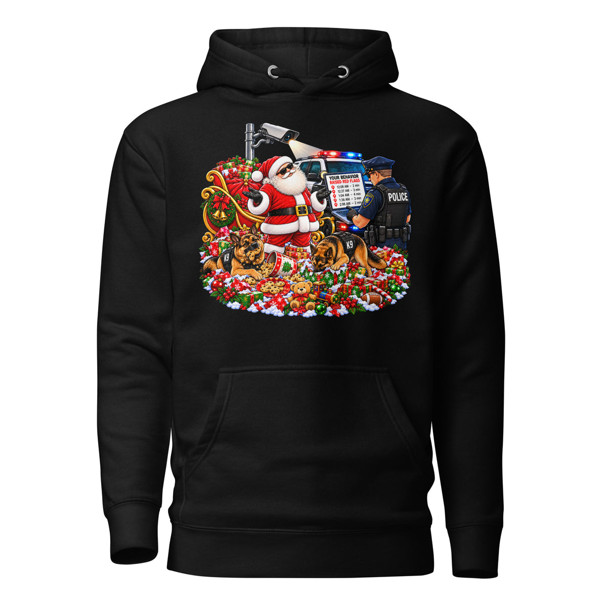 Santa's Suspicious Stops — Christmas Surveillance Hoodie — front (black, flat)