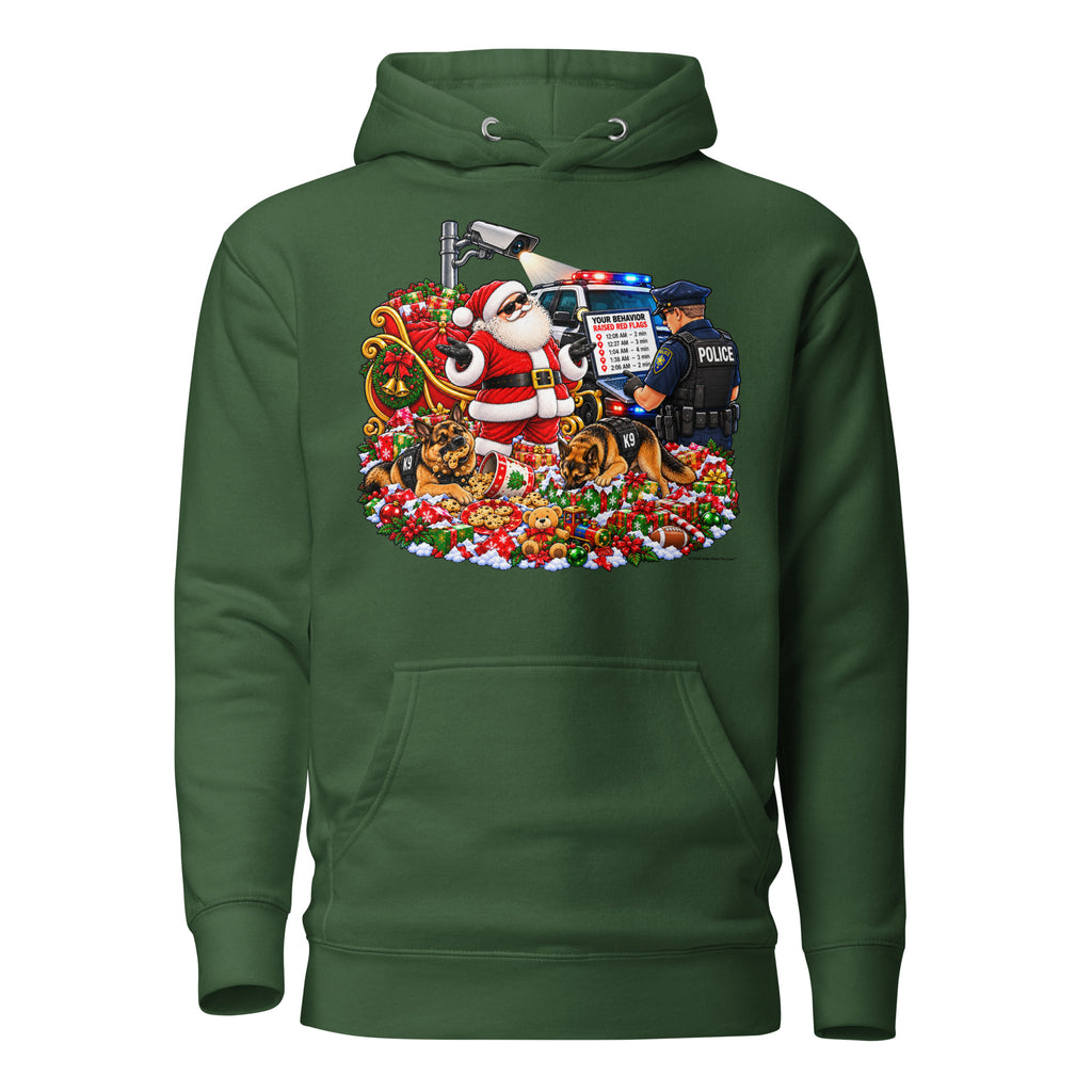 Santa's Suspicious Stops — Christmas Surveillance Hoodie — front (forest green, flat)