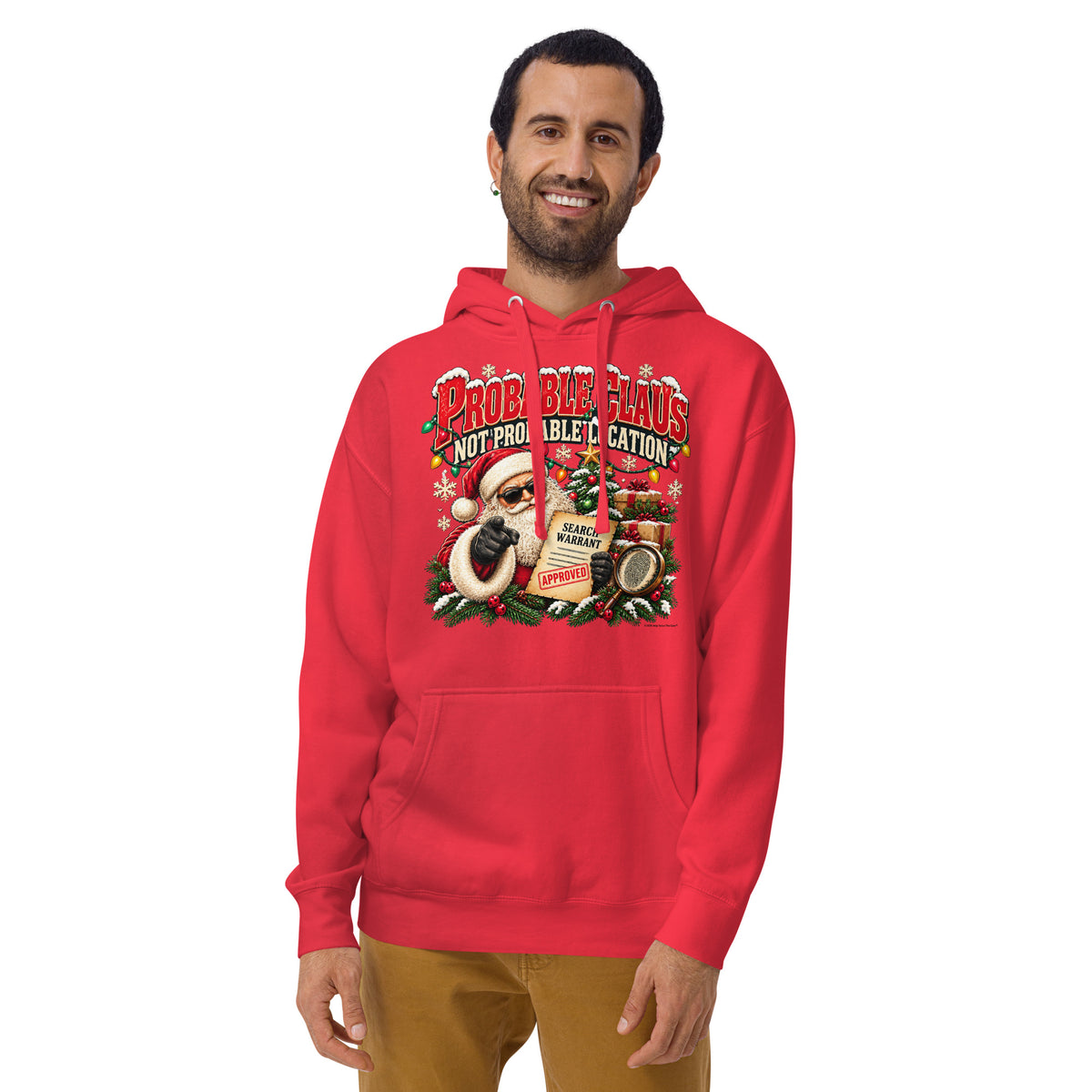 Probable Claus. Not Probable Location. — Christmas Hoodie — front lifestyle (team red, man)