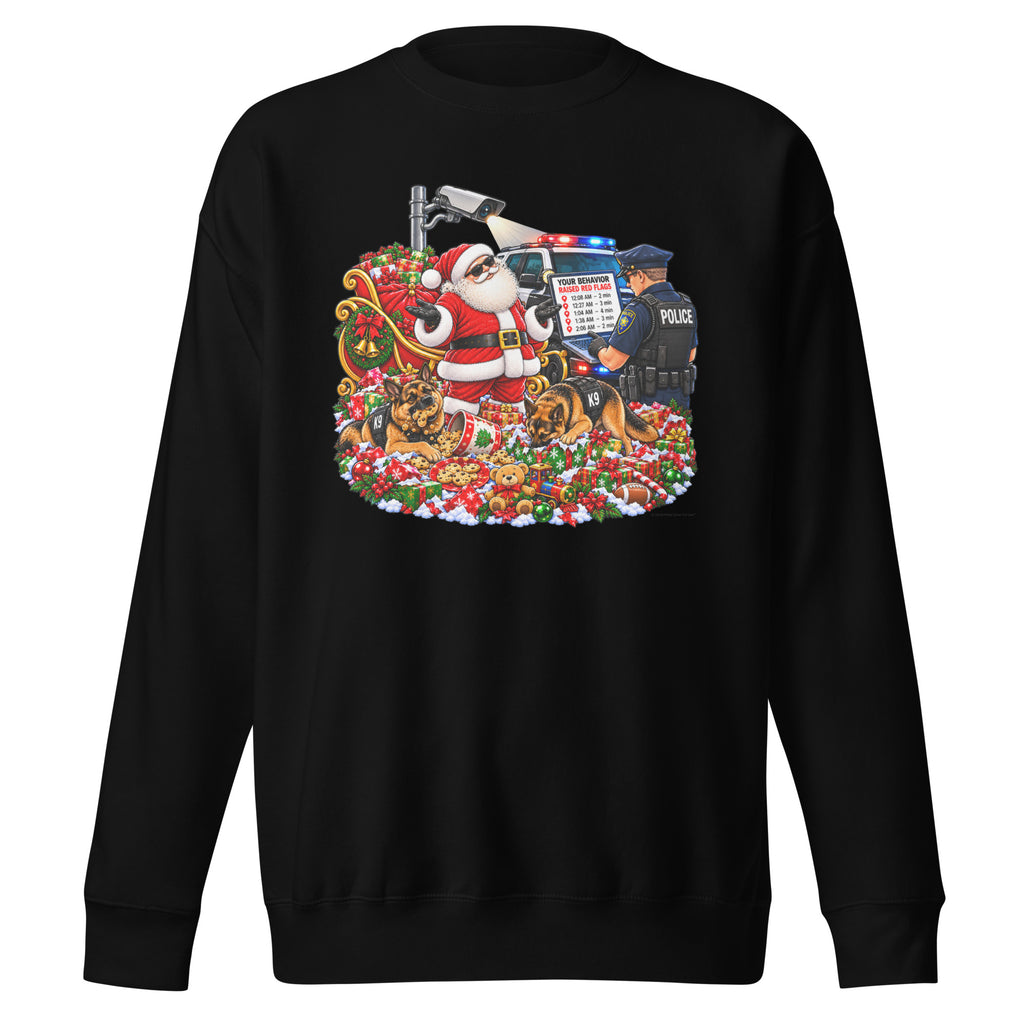 Santa's Suspicious Stops — Christmas Surveillance Sweatshirt — front (black, flat)