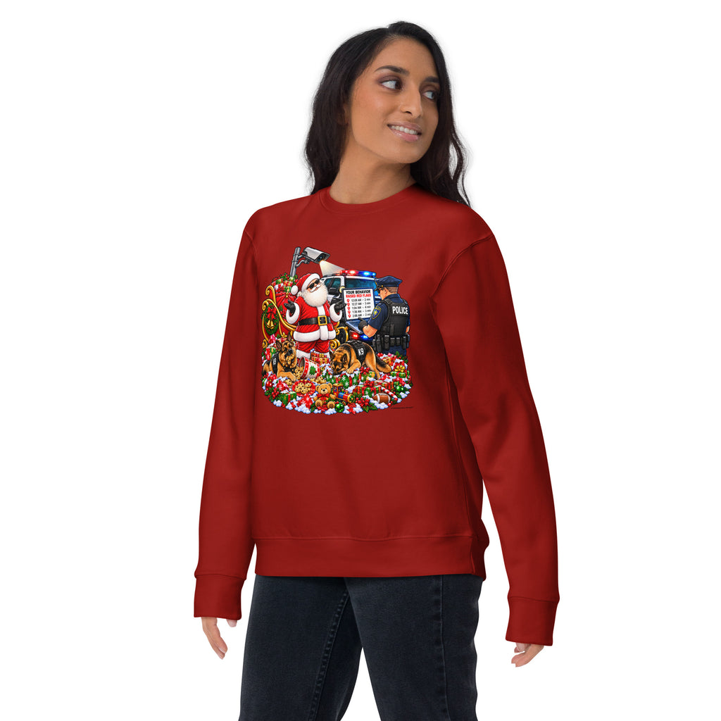 Santa's Suspicious Stops — Christmas Surveillance Sweatshirt — front lifestyle (cardinal, model)