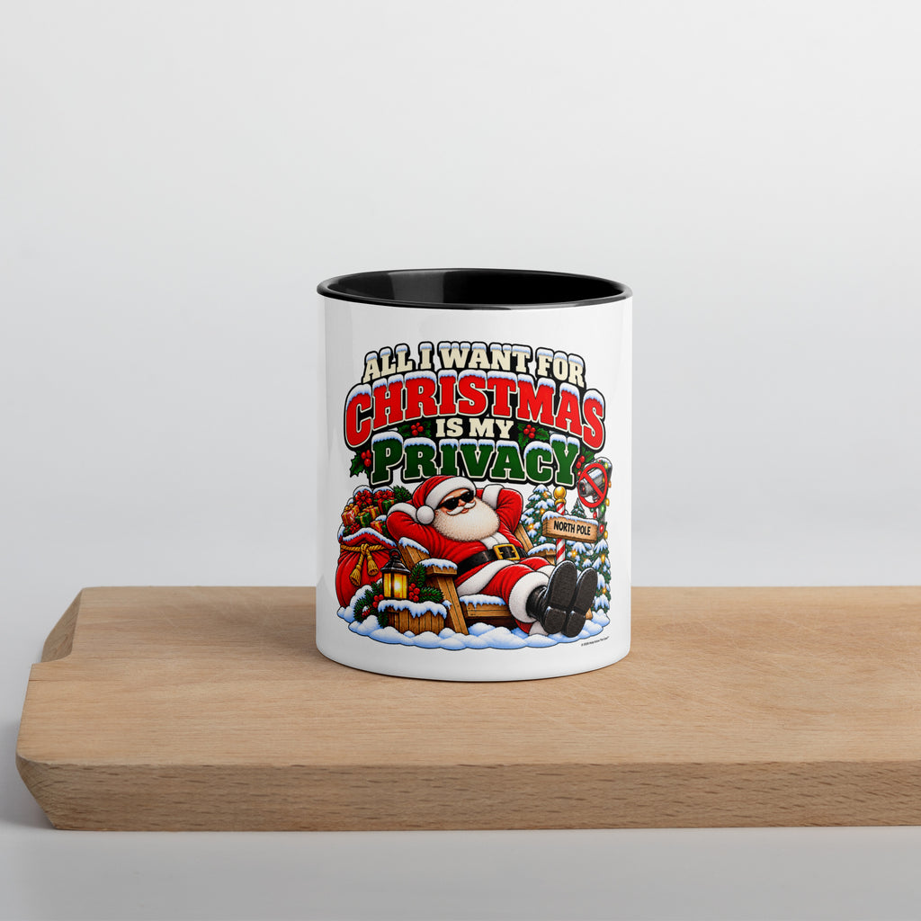 All I Want For Christmas Is Privacy — Christmas Coffee Mug — front lifestyle (black, 11 oz, on shelf)