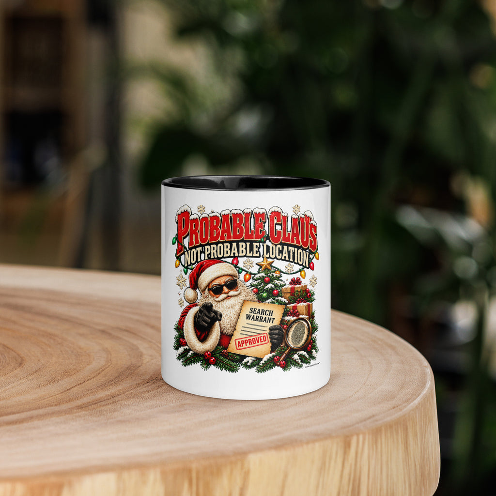 Probable Claus. Not Probable Location. — Christmas Coffee Mug — front lifestyle (black, mug on table)