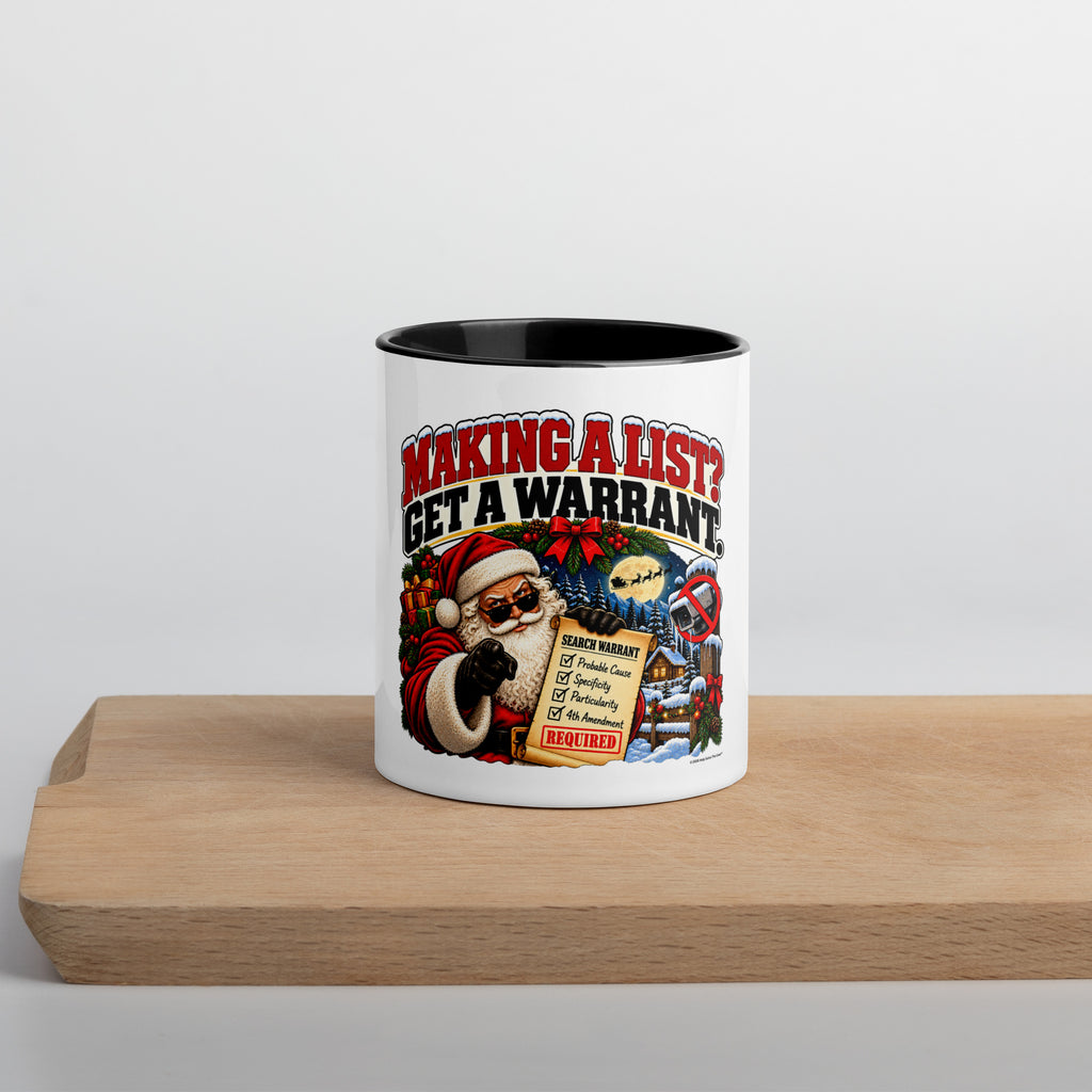 Making a List? Get a Warrant. — Christmas Coffee Mug — front lifestyle (black, mug on shelf)