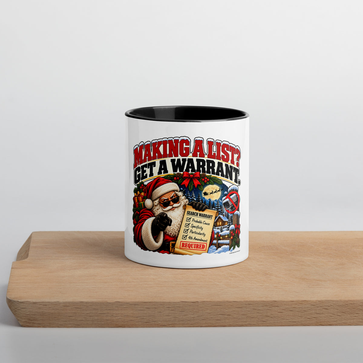 Making a List? Get a Warrant. — Christmas Coffee Mug — front lifestyle (black, mug on shelf)