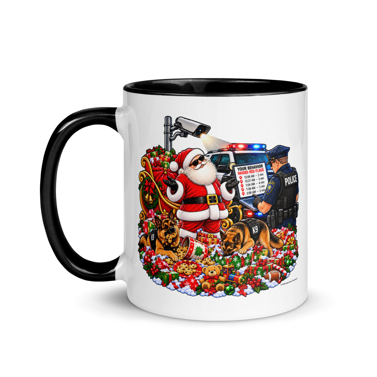 Santa's Suspicious Stops — Christmas Surveillance Coffee Mug — front (black, 11 oz, full art)