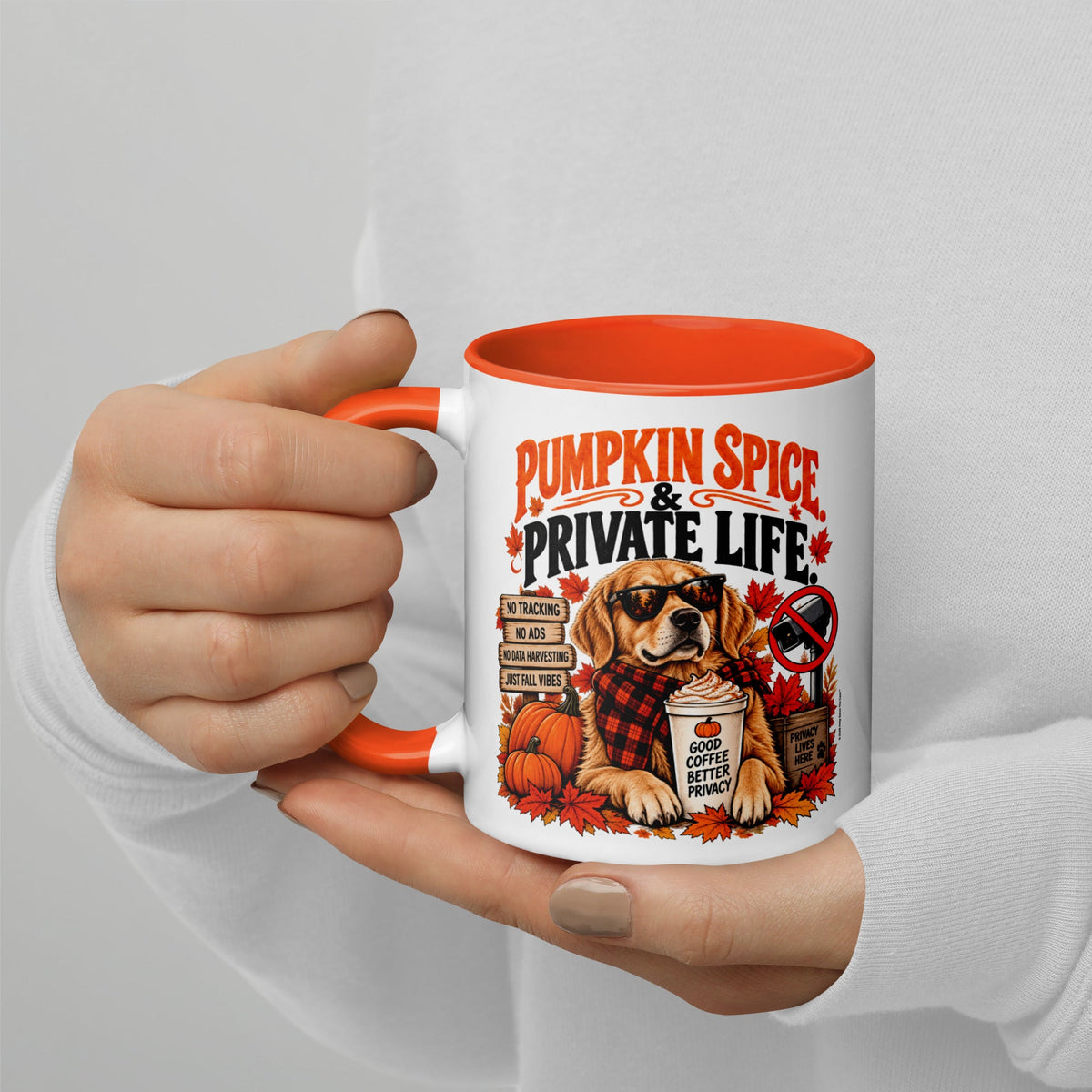 Pumpkin Spice & Private Life two-tone fall mug, orange interior, 11 oz